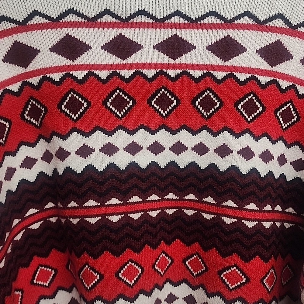 Forever 21 Red, White, Burgundy Patterned V-Neck Cropped Sweater Sz L - Picture 5 of 7